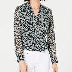 INC Green & Black Geometric Print Wrap Top NWT